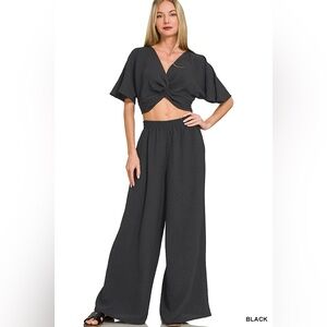 Zenana Woven Airflow Twisted Top & Wide Leg Pants Set